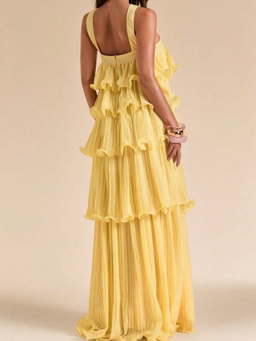 Light Yellow Sexy Women's Long Wide Ruffle Pleated Halter Neck Backless Dress - Picture 2 of 6